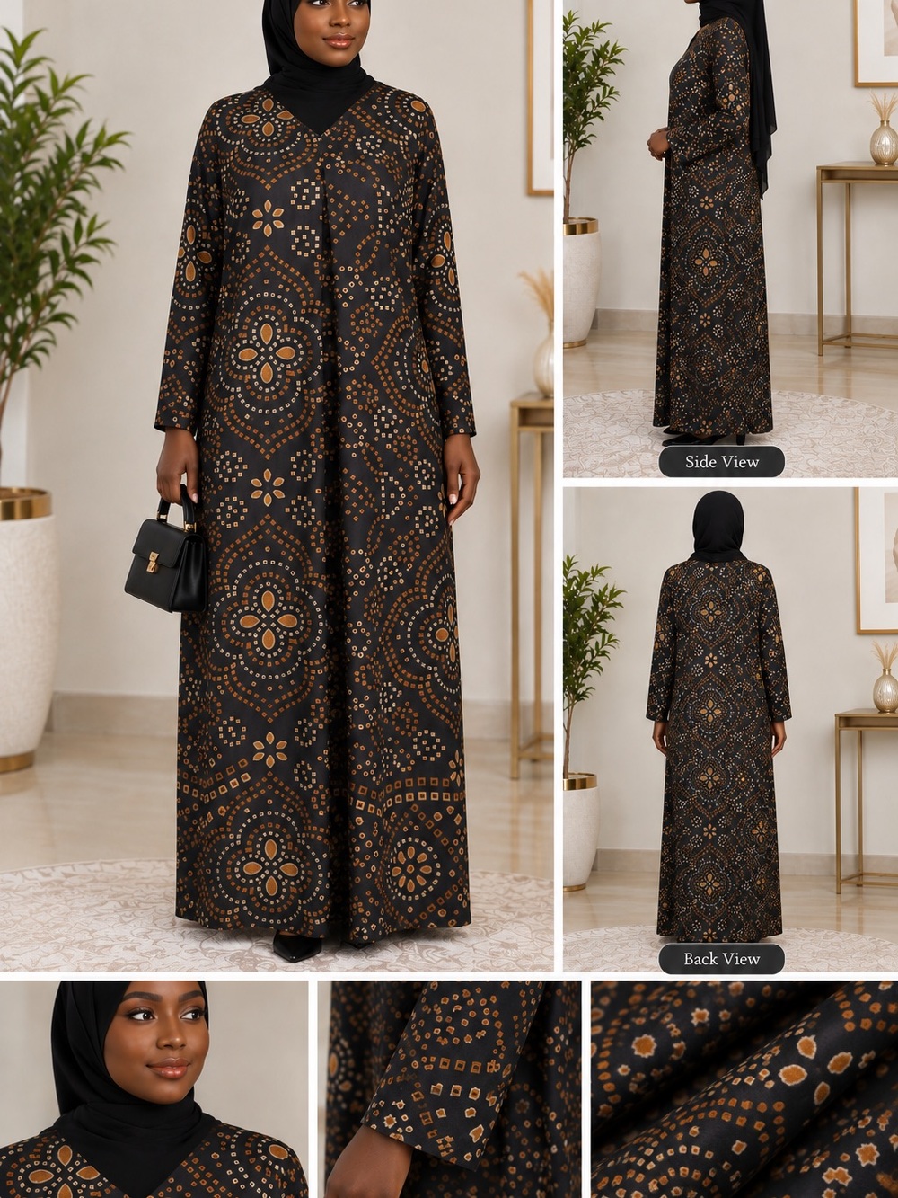 Modest Black & Tan Patterned Maxi Dress